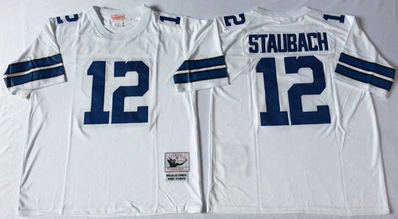 Cowboys 12 Roger Staubach White M&N Throwback Jersey